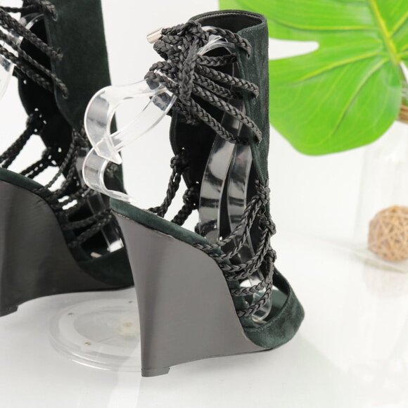 SCHUTZ Womens Camurca Cabra Sandal Size 8 Black Suede Wedge Heel Ankle Wrap Tie - Picture 5 of 11